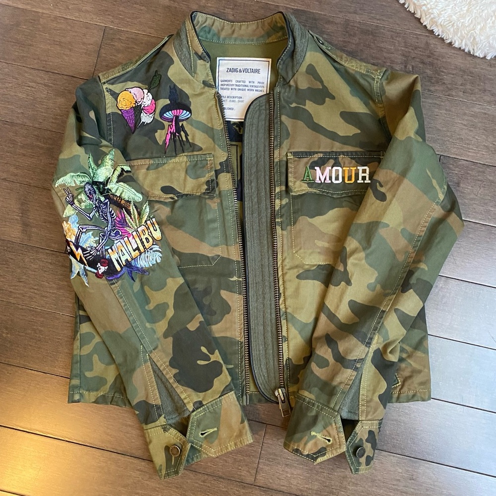 Zadig & Voltaire Camo Patches Military Crop Jacket Small Embroidery